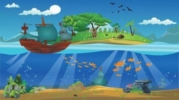 illustrazione di un'isola in mare con piccola barca, pesci, alberi, cielo, nuvole, sole, montagne, corvo e terra. vettore