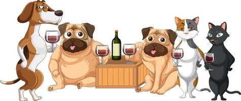 cani e gatti che bevono vino insieme vettore