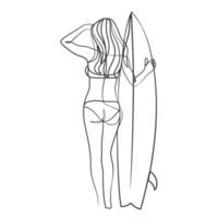 disegno a linea continua di una ragazza surfista con una tavola da surf vettore