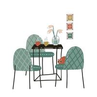 mobili moderni per la sala da pranzo. decorazioni per la casa in metallo, decorazioni.tavolo in ferro con sedie, vaso e immagini. stile scandinavo alla moda. semplice tendenza del design d'interni. illustrazione vettoriale disegnata a mano piatta.