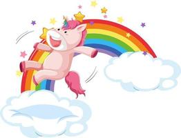 unicorno rosa che salta su una nuvola con arcobaleno vettore