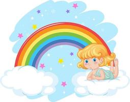 ragazza angelo su nuvola con arcobaleno vettore