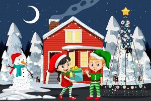 scena invernale di natale con personaggio dei cartoni animati elfo vettore
