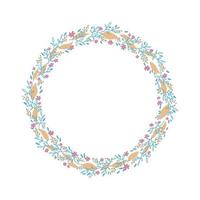 corona vettoriale disegnata a mano. elemento di design del telaio del cerchio floreale per inviti, biglietti di auguri, poster, blog. rami e foglie delicati in stile scandinavo doodle..