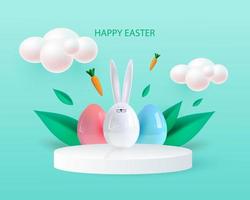 sfondo di buona vacanza di pasqua. design festivo con coniglietto 3d realistico ed elementi decorativi. foglie e uova primaverili. carota volante. banner, poster web, copertina volantino, brochure elegante, biglietto di auguri vettore