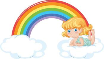 ragazza angelo sdraiato su una nuvola con arcobaleno vettore