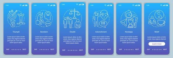 modello vettoriale dello schermo della pagina dell'app mobile per l'onboarding degli stati umani. trionfo, noia, dubbio, nostalgia, sollievo. procedura dettagliata del sito Web con illustrazioni lineari. ux, ui, gui concetto di interfaccia per smartphone