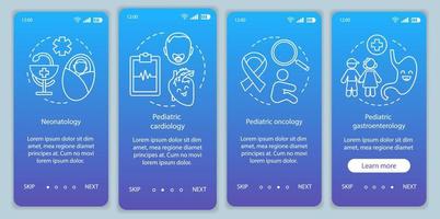 servizi pediatrici onboarding modello vettoriale dello schermo della pagina dell'app mobile. neonatologia, cardiologia, oncologia, gastroenterologia. procedura dettagliata del sito Web con l'icona. ux, ui, gui concetto di interfaccia per smartphone