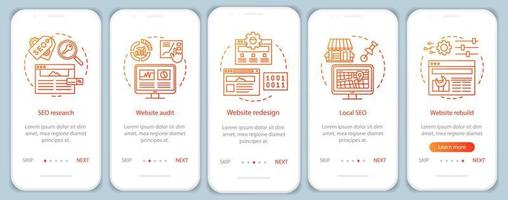 modello vettoriale dello schermo della pagina dell'app mobile per l'onboarding della consulenza web. ricerca seo. riprogettazione del sito web, audit. procedura dettagliata del sito Web con illustrazioni lineari. ux, ui, gui concetto di interfaccia per smartphone