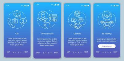 modello vettoriale dello schermo della pagina dell'app mobile per il reclutamento di infermieri. Procedura dettagliata del sito Web dell'agenzia di assistenza domiciliare. scelta di badante pratica, badante. assistenza domiciliare
