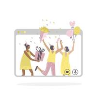 festa di compleanno online e incontri online con gli amici. gli amici comunicano tramite chat video. le donne si divertono, ridono, parlano e fanno regali. chat online utilizzando l'app video. illustrazione piatta vettoriale