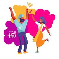 illustrazione delle coppie indiane che celebrano insieme il festival di holi, dholi che suona il dhol su sfondo colorato. poster o banner per il festival di holi. vettore