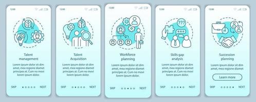 modello vettoriale dello schermo della pagina dell'app mobile per l'onboarding della gestione dei talenti. acquisizione di talenti, pianificazione della forza lavoro. procedura dettagliata del sito Web, illustrazioni lineari. ux, ui, gui concetto di interfaccia per smartphone