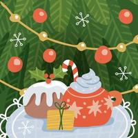 regali e dolcetti stanno davanti all'albero di Natale. tazza di cioccolata calda, torta dolce e scatola regalo. immagine di vacanze di stagione invernale disegnata a mano. illustrazione vettoriale piatta della cartolina d'auguri di natale.