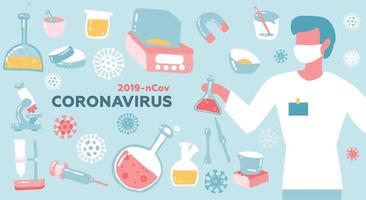 scienziato maschio o medico ricerca coronavirus cov in laboratorio. concetto di salute e medicina. illustrazione vettoriale piatta.