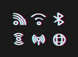 icone di connessione wireless con effetto glitch. icone vettoriali di contorno impostate isolate su sfondo nero