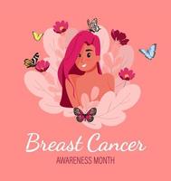 illustrazione vettoriale del mese di consapevolezza del cancro al seno, nastro del cancro del mondo, nastro rosa, supporto per lo slogan del poster del sopravvissuto al cancro al seno design piatto