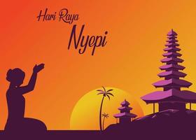 giorno del nyepi di bali, celebrazione dell'evento indù, nyepi, la donna di bali in silhouette che prega nel tempio vettore