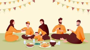 suhoor e iftar festa con la famiglia durante il mese del ramadan illustrazione vettoriale, felice digiuno per i musulmani, mangiare insieme alla famiglia musulmana, ramadhan kareem ed eid mubarak vettore