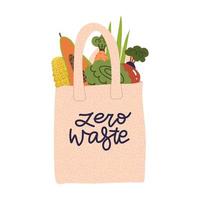 shopping sacchetto di stoffa riutilizzabile con verdure, frutta e prodotti senza imballaggio. borsa ecologica in cotone, nessun concetto di plastica. illustrazione vettoriale piatta con scritte a zero rifiuti.