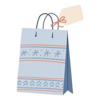 sacchetto regalo di natale blu con etichetta. illustrazione singola vettoriale disegnata a mano. elemento piatto colorato semplice vettoriale isolato su bianco. oggetto per design, stampa, arredamento, carta, banner, pubblicità.