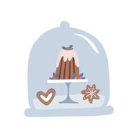 biscotti di pan di zenzero con budino di Natale nel globo di neve. illustrazione infantile di doodle carino. dolci sotto copertura di vetro. illustrazione disegnata a mano piatta vettoriale isolata su sfondo bianco.