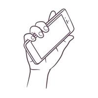 disegno al tratto della mano che tiene smart phone vettore