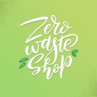 logo o segno del negozio di rifiuti zero disegnato a mano. eco badge, cartellino per la spesa, no mercato della plastica, confezionamento prodotti. elementi disegnati a mano di vettore con scritte a pennello su sfondo verde con texture.