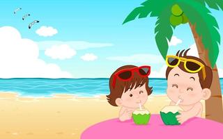 ragazzo e ragazza che bevono acqua di cocco sulla vacanza al mare delle attività di vacanza estiva. vettore