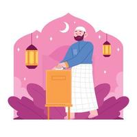 ramadan kareem mubarak concetto illustrazione vettoriale idea per modello di pagina di destinazione, famiglia islamica che dà in beneficenza il libro sacro, persone che pregano nel mese santo, iftar, stile piatto disegnato a mano