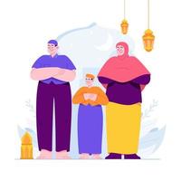 ramadan kareem mubarak concetto illustrazione vettoriale idea per modello di pagina di destinazione, famiglia islamica, persone che pregano insieme nella moschea, celebrando il mese santo, iftar, stile piatto disegnato a mano