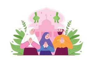 idea di illustrazione vettoriale del concetto di famiglia eid mubarak per il modello di pagina di destinazione, felice celebrazione di idul fitri, le persone perdonano gli errori, biglietto d'auguri, invito, stile piatto disegnato a mano