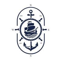 nave e nave vintage ruota logo design icona vettore. compas, ancora, illustrazione del volante della nave
