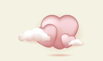 vettore 3d realistico tre cuori rosa chiaro su sfondo di nuvole