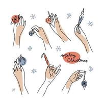 grande set di mani femminili che tengono palline e palline di Natale. illustrazione vettoriale disegnato a mano in stile art linea isolato su uno sfondo bianco con forme astratte.