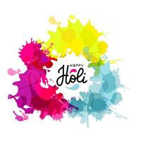 holi festival di primavera dei colori elemento di design vettoriale, macchie luminose e testo lettering. può essere utilizzato per banner, inviti e biglietti di auguri vettore