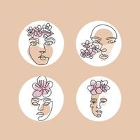 volti femminili astratti di linea continua con set di fiori. i social media evidenziano storie copertine rotonde con persone che scarabocchiano faccia disegnata a mano in stile contemporaneo. arte lineare vettoriale. vettore