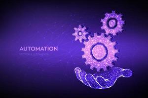 ingranaggi. tecnologia meccanica simbolo di ingegneria della macchina in mano. ingranaggi 3d poligonali bassi wireframe astratti. rpa. sviluppo del settore, lavoro sui motori, concetto di soluzione aziendale. illustrazione vettoriale. vettore