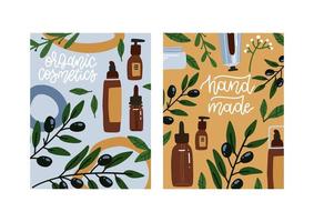 set di banner verticali cosmetici naturali d'oliva. sfondo con rami di ulivo disegnati a mano. design per cosmetici, trucco, salone di bellezza, prodotti naturali e biologici, salute. illustrazione vettoriale piatta.