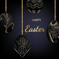 modello di carta di buona pasqua con uova appese nere e dorate vettore