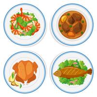 Set di cibo diverso su piatti rotondi vettore