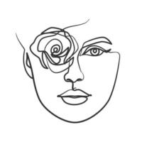 disegno a tratteggio continuo del viso di donna. viso di donna con pianta vettore