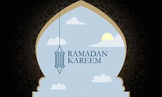 lo sfondo del ramadan kareem con l'ombra dell'elegante porta della moschea insieme al cielo blu e alle bellissime lanterne vettore