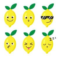 set di emoji di limone. icone di stile kawaii, personaggi di frutta. illustrazione vettoriale in stile piatto cartone animato. set di sorrisi o emoticon divertenti. buona alimentazione e concetto vegano. illustrazione per bambini