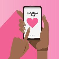 mani africane femminili che tengono smartphone con un grande cuore sullo schermo. concetto di felice giorno di san valentino. gli amanti della donna afroamericana chattano nella comunicazione Internet dell'app mobile. vettore