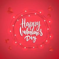 buon San Valentino. pennello lettering biglietti di auguri iscrizione fatti a mano. ghirlanda rotonda di luci incandescenti. design luminoso sfondo rosso retrò. ghirlande colorate e decorazioni a taglio di carta vettore