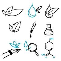 simbolo delle icone della linea di foglie organiche disegnate a mano per le icone di formula chimica dermatologicamente testate. ipoallergenico testato in stile doodle vettore