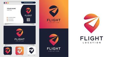 logo della posizione del volo e design del biglietto da visita. pin, mappa, posizione, volo, aereo, icona vettore premium
