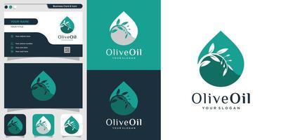 logo di olio d'oliva fresco e modello di progettazione di biglietti da visita, goccia, marchio, olio, bellezza, verde, icona, salute, vettore premium