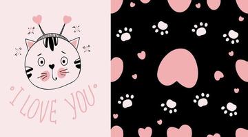 set - biglietto di San Valentino con simpatico gatto innamorato dell'iscrizione - ti amo e motivo senza cuciture con cuori rosa e impronte di gatto su sfondo nero. illustrazione vettoriale per il design e l'arredamento